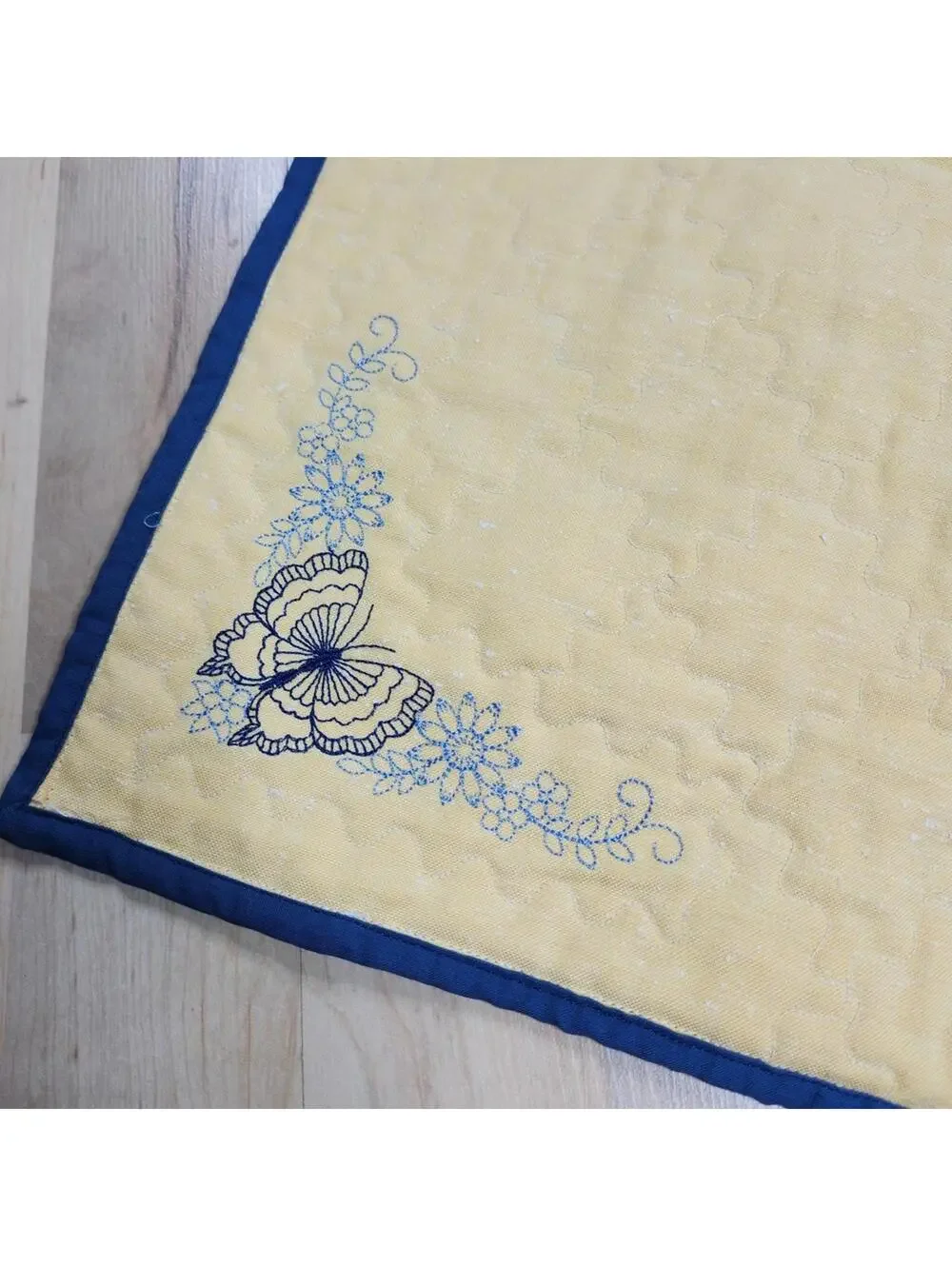 Quilted Placemats Set of 4 Embroidered Butterfly Floral Blue Yellow Handmade